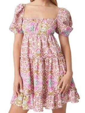 Misa Los Angeles Pink, Gold, Teal Floral Print Dress